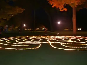 Illuminated labyrinth at night